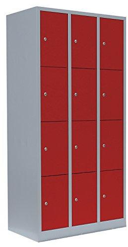 Lüllmann 12 Fächer Schließfachschrank komplett montiert grau/rot 180x88,5x50cm (HxBxT) Wertfachschrank Fächerschrank Spind Umkleideschrank 520434