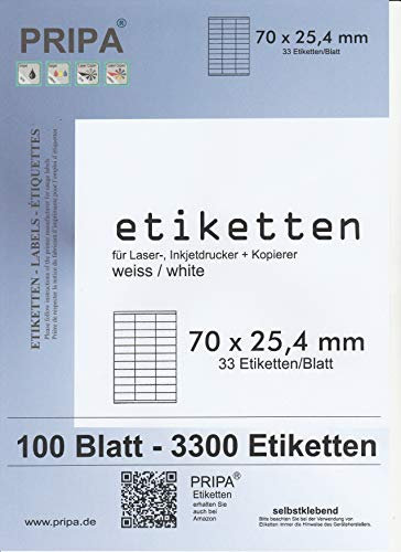 pripa Etikettenformat 70 x 25,4 mm, 100 Blatt DIN A4 Selbstklebende Etiketten (100)