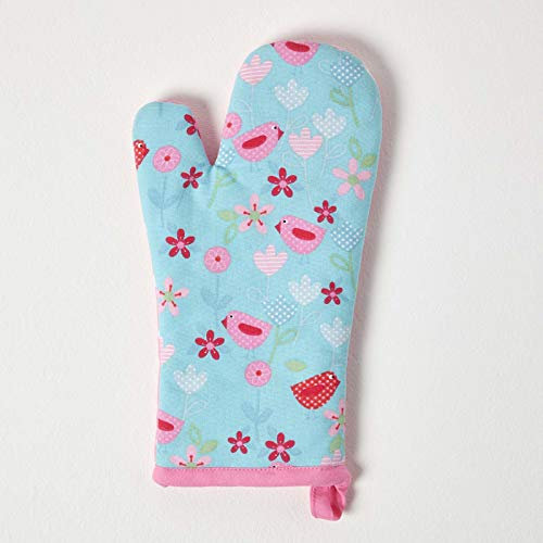 HOMESCAPES - Pure Cotton Oven Glove - Birds and Flowers - Pink Blue - 18 x 32 cm - Fully Coordinated Washable Kitchen Linen