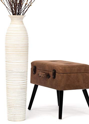 Leewadee Große Deko Bodenvase Für Dekozweige, Hohe Standvase Für Pampasgras, Design Holzvase, 90 cm, White Wash