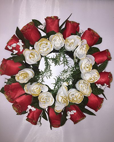 GARTHWAITE NURSERIES® : - Artificial Christmas Wreath Decoration/Door/Table Centre Xmas Red & White Roses, Gypsophila & Glitter