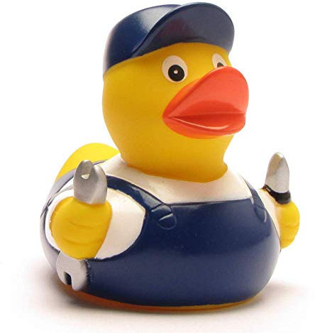 Duckshop I Badeente Mechaniker I Quietscheente I L: 8 cm I inkl. Quietscheentchen-Schlüsselanhänger im Set I Geschenk Handwerker I Präsent für Sammler