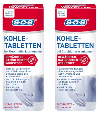 SOS Kohle-Tabletten, Kohletabletten bei Durchfallerkrankungen, Vergiftungen durch Nahrungsmittel, Durchfall Tabletten ideal für die Reiseapotheke, 2 x 30 Tabletten