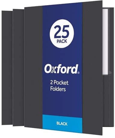 Oxford Twin-Pocket Folders, Textured Paper, Letter Size, Black, Holds 100 Sheets, Box of 25 (57506EE), 8-1/2 x 11