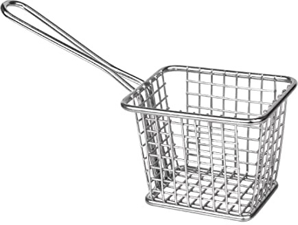 Olympia Stainless Steel Square Presentation Basket, Dishwasher Safe | Long handle ensures safe distance from hot oil, while wire mesh design allows quick, efficient draining for catering service.