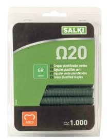 Blíster de Grapas Anilladas Omega-20 SALKI - Grapas de Acero Galvanizado de 2mm para Cercas y Vallas, Pack de 1000 Unidades, Color Verde