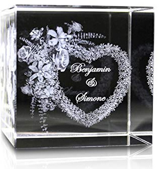 VIP-LASER 3D Glaskristall XL Blumenherz mit Zwei Wunschnamen graviert verliebte Paare
