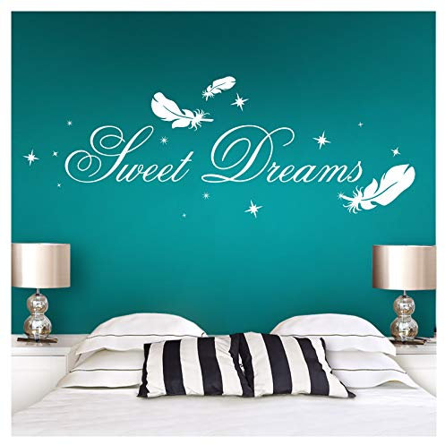 Wandora G014 Schlafzimmer Spruch Sweet Dreams mit Sternen & Federn Wandaufkleber Wandsticker weiß (BxH) 140 x 39 cm