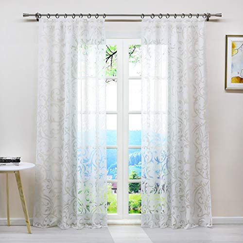 ESLIR Gardinen mit Kräuselband Ausbrenner Vorhänge Transparent Wohnzimmer Fensterschal mit Ranken Muster Weiß BxH 140x245cm1 Stück