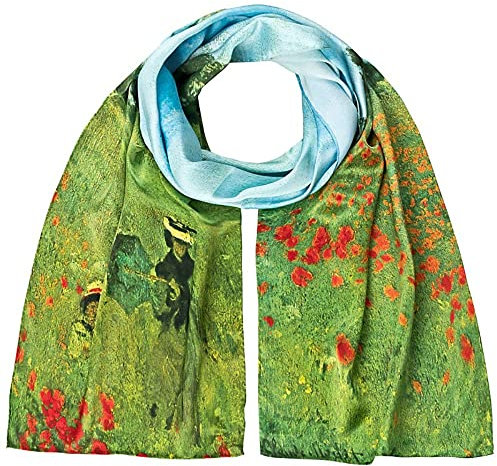 VON LILIENFELD Schal Damen 100% Seide Claude Monet Mohnblumenfeld Kunst Motiv Halstuch Seidenschal Seidentuch Kanten handgerollt 172 x 42 cm