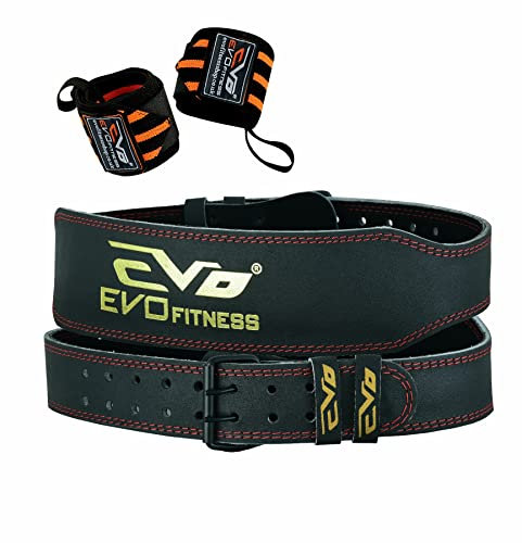 EVO Fitness 4” Matte Black Weight Lifting Belt With 18 Wrist Straps Gym Cowhide Leather Padded Lumbar Back Support Powerlifting Bodybuilding Workout Training Men Women (Black, X-Large)