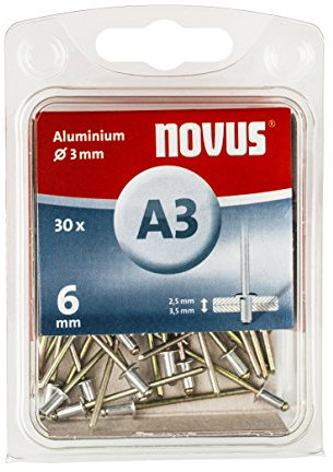 Novus Aluminium-Blindnieten mit 6 mm Länge, 30 Nieten, Ø 3 mm, 2.5-3.5 mm Klemmlänge, für Nichteisen Metall, Kunststoff