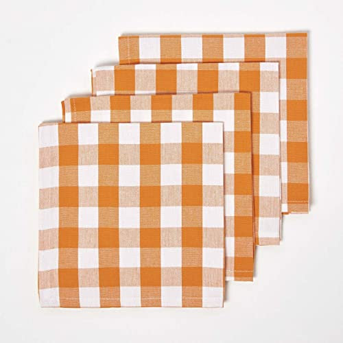 HOMESCAPES 4er-Set Karierte Stoffservietten orange-weiß 45x45 cm, Servietten Vichy-Karo, Tischservietten aus 100% Baumwolle