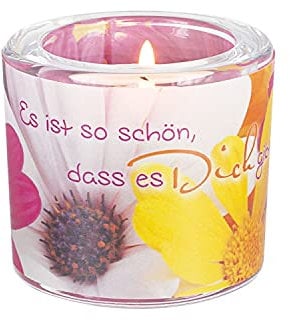 Butzon & Bercker Windlicht `Es ist so schön, DASS es Dich gibt` – Teelichthalter mit Buntem Blumenmotiv – liebevolles Geschenk für Freundin, Freund, oder Familie – mit Teelicht & Geschenkverpackung