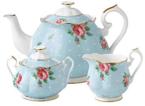 Royal Albert Modern Vintage POLBLU25823 Teapot, Creamer & Sugar, 3 Piece Set, Polka Blue, Fine Bone China