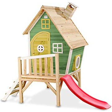 EXIT Toys Fantasia 300 Holzspielhaus für Draußen - Mit Rutsche, Treppe und Schornstein - Gartenhaus aus Holz für Kinder - Einfache Montage - 100% FSC Zedernholz - 246x166x227cm - Grün