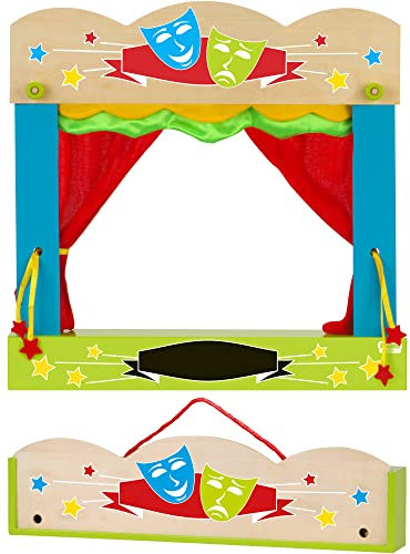 Fiesta Crafts Finger Puppets Theatre - Colourful Wooden Carry Case for Hand Puppets with Fabric Curtains & Drawstrings to Pull - Easy to Fold Portable Kids Pop Up Theatre for Imaginative Play