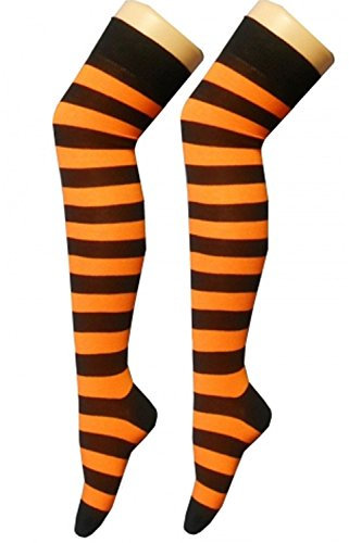 Crazy Chick® Stripe Over The Knee Socks Thigh High Girls Stretchy OTK Socks Fancy Dress (Black & Orange)