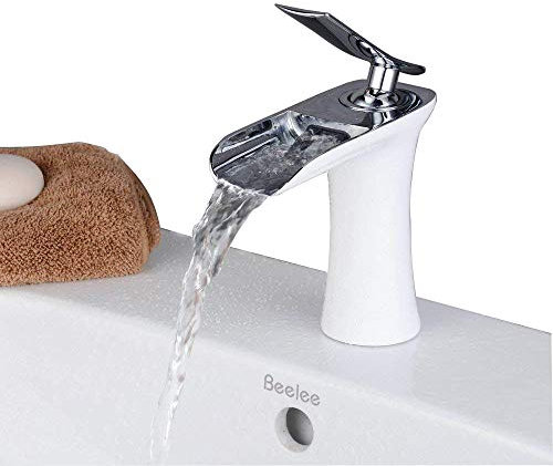Waschtischarmatur Wasserfall Wasserhahn Bad Mischbatterie Modern Einhebel Waschbecken Armatur für Badezimmer Waschtisch, Weiße Malerei und Chrom, Beelee BL9009W