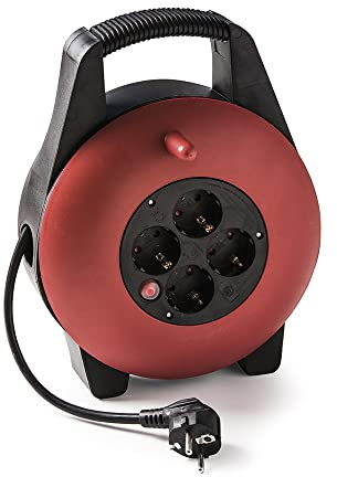 Famatel – Kabeltrommel 4 Steckdosen | TT | 16A | 250V | 10 m | Kabel 3 x 1,5 | Ladeschalter, Schwarz, Orange
