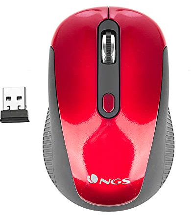 NGS HAZE RED - Mouse Ottico Senza Fili 2.4GHz, Mouse USB per Ordinatore o Laptop Con 3 Pulsanti e Scroll in Metallo, 800/1600dpi, Rosso