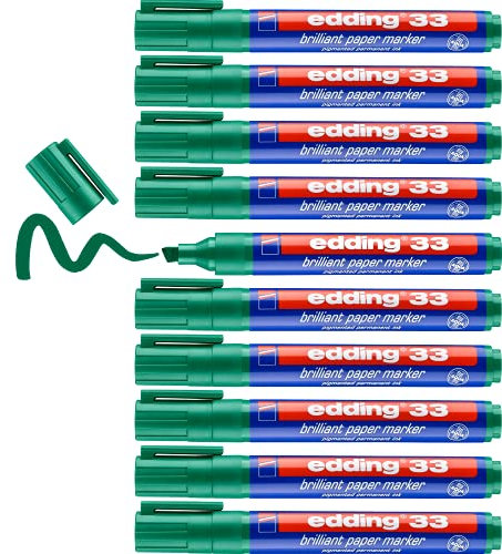 edding 33 Brillant-Papiermarker - grün - 10 Permanent Marker wasserfest - Keilspitze 1-5 mm - leuchtende Farben - lichtbeständige Markierung auf Papier, Karton, Kunststoff, Metall oder Glas