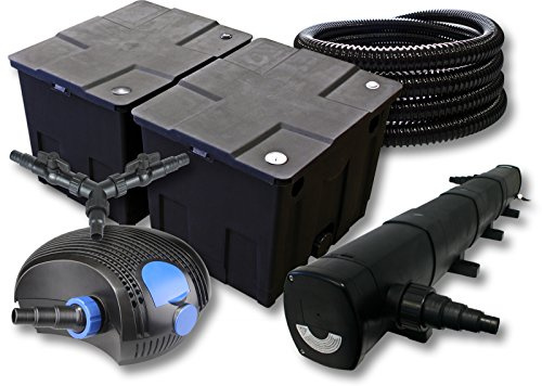 SunSun Komplettset: CBF-350B Teichfilter bis 60000 L Teichfilteranlage Durchlauffilter, CTF-12000 Teichpumpe 12000l/h 100W, CUV-272 Teichklärer UVC Klärer mit 72W, 25m Teichschlauch 25 mm, Y-Verteiler