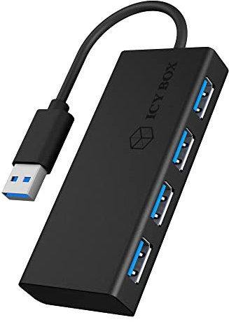 Icy Box IB-AC6104-B 4-fach USB 3.0 Hub (4x USB 3.0 Anschlüsse), integriertes USB-Kabel, 5 V Stromanschluss, Aluminium, Schwarz
