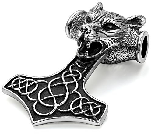 JewelryWe Thors Hammer Halskette Herren: Edelstahl Wolf Wolfskopf Thor Hammer Dreiecksknoten Trinity Keltisch Knoten Anhänger mit 55cm Kette Biker Halskette für Männer Schwarz Silber