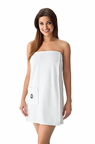 DOROTA kuscheliger und moderner Damen-Saunakilt, aus 100% Baumwolle, mit Klettverschluss, Gummizug & Tasche, Made in EU, weiß, Gr. S/M