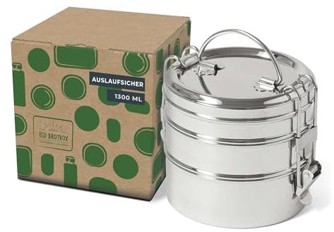 ECO Brotbox | Tiffin Swing | runde Lunchbox aus Edelstahl mit 3 Lagen, auslaufsicher | 1200 ml