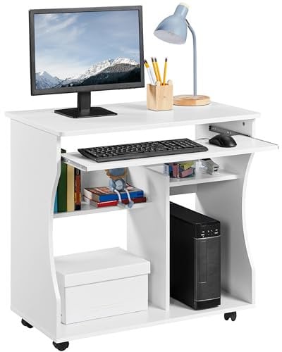 Yaheetech Movable Computer Office Desk Table Workstation Home Office Furniture with Sliding Keyboard 2 Shelves Study Workstation on Wheels White 80.1 x 48.1 x 76.2 cm
