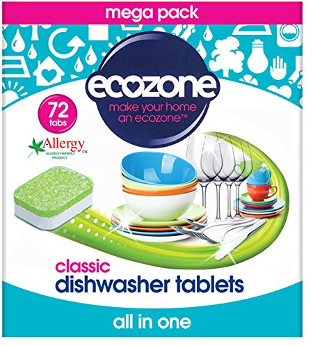 EcoZone Classic All-In-One Dishwasher Tablets, Effective Cleaning Formula Cuts Through Grease & Grime, Natural Vegan & Non Toxic Tabs, Plant Based Plastic-Free, Leaves No Residue (Box of 72 Capsules)