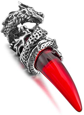 MunkiMix Edelstahl Anhänger Halskette Simuliert Kristall Silber Ton Rot Drachen Wolf Gebiss Zahn Herren,mit 58cm Kette
