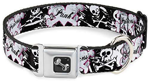 Buckle-Down Hundehalsband, Sicherheitsgurt-Schnalle, Punk, Prinzessin, Herz, gekreuzte Knochen, Totenköpfe, Spritzer, 38,1 cm bis 66 cm, 2,5 cm breit, Schwarz/Weiß