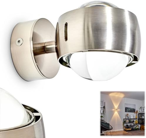 Halbrunde Wandlampe Sapri für das Wohnzimmer - Metall-Lampe mit Glaslinsen in Nickel matt - scheint zusätzlich aus zwei Effekt-Schlitzen aus den Seiten - ohne Leuchtmittel