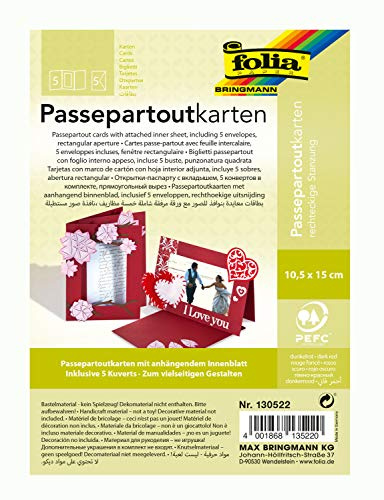 folia 130522 - Passepartouts mit rechteckiger Stanzung, ca. 10,5 x 15 cm, 5 Karten (220 g/qm) und Kuverts, dunkelrot - ideal für Einladungen, Glückwunsch- oder Grußkarten