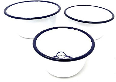 3 x Falcon White and Blue Enamel Xmas Pudding Bowls, Size 12cm, 14cm, 16cm.