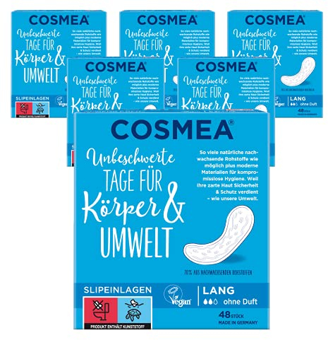 Cosmea Slipeinlagen lang, ohne Duft, Vorteilspack (5 x 48 Stk). Hygiene-Einlagen aus nachwachsenden Rohstoffen. Damen-Hygiene im Einklang mit der Natur