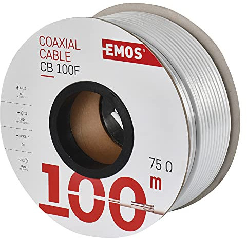 EMOS S5141 - Cable de antena (100 m, cable coaxial para SAT, TV y CCTV tipo CB100F, doble apantallado, 75 dB, resistencia 75 ohmios), color blanco