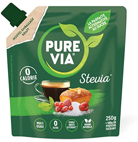 Pure Via - Doypack Poudre Cristallisée - Stevia - Zéro Calorie - 250g