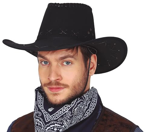 FIESTAS GUIRCA | Cowboyhut aus Kunstleder (Einheitsgröße) - Kostümzubehör für Westernpartys, Texas und Karneval - Ideal für Cosplay und Halloween - Unisex für Erwachsene - Schwarz