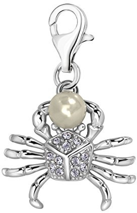 Quiges Charm Anhänger Weiß Zirkonia und Kunstlichen Perle 3D Ozean Krabbe 925 Silber mit Karabinerverschluss für Bettelarmband