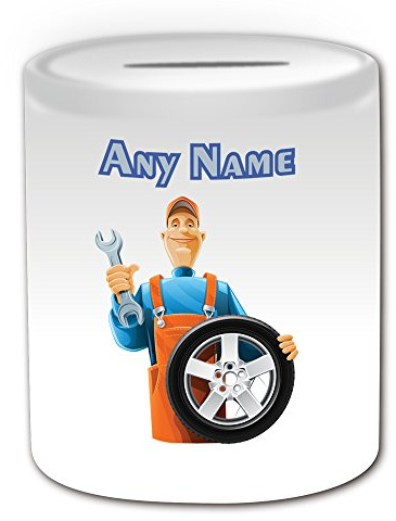 Personalisiertes Geschenk – Mechaniker mit Auto Rad Spardose (Karriere Design Thema, weiß) – alle Nachricht/Name auf Ihre einzigartige Spardose – Ingenieur Garage Worker Staff Fahrzeug