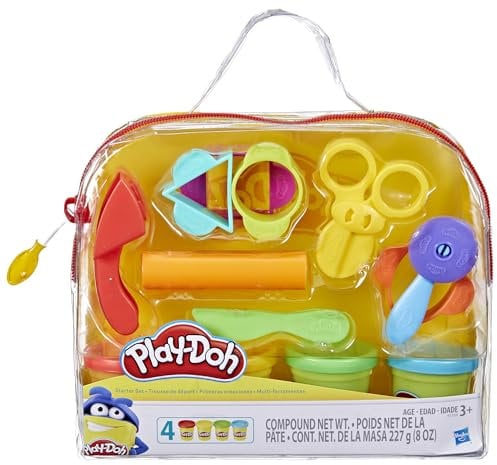 Play-Doh Starter Set, 9 Accessories, 4 Cans with Blue, Green, Red, and Yellow Modeling Compound & Travel Bag, Preschool Toys for Boys and Girls 3+ Year Old