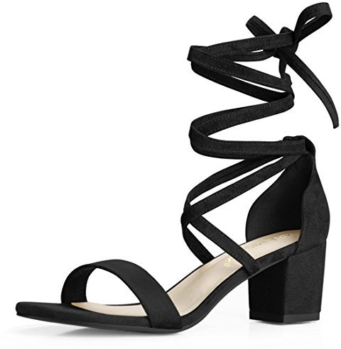 Allegra K Sandales à Talons mi-Hauts à Lacets pour Femmes Noir 38