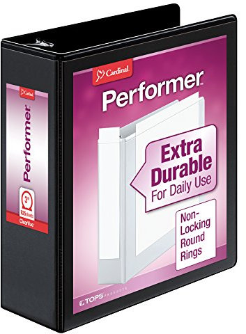 Cardinal 3-Ringbuch, Ordner für Schule und Büro, langlebiger 7,6 cm Performer ClearVue Ordner, runde Ringe, 625 Blatt Kapazität, anpassbare ClearVue-Einband, PVC-frei, Schwarz (67525)