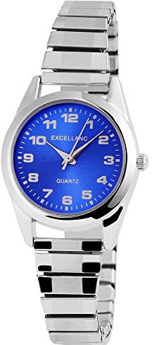 Excellanc Damen-Uhr Zugarmband aus Edelstahl 20cm ⌀29mm 14mm gut lesbar silberfarbig blau-metallic Geschenk für Frauen