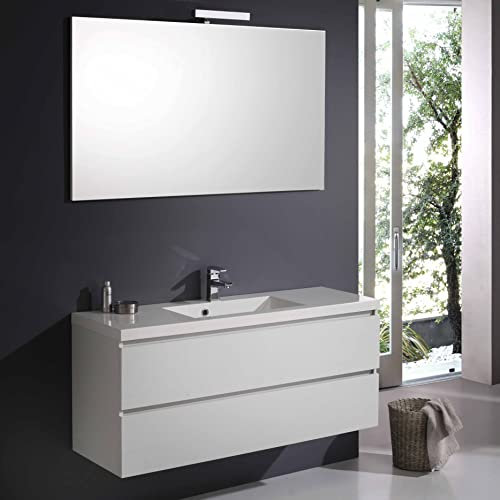 Kiamami Valentina Mueble de baño suspendido 120cm 2 cajones Blanco Foresta, Lavabo de mármol reconstituido, Espejo 120x70 | Manhattan