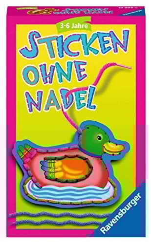 Ravensburger 23099 - Sticken ohne Nadel, Mitbringspiel für 1-4 Spieler, Kinderspiel ab 3 Jahren, kompaktes Format, Reisespiel, Bunte Wolle